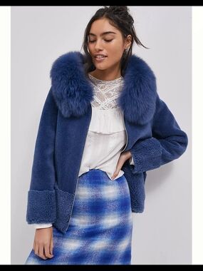 Bubish Maya Plush Royal Blue Teddy Jacket with Faux Fur Collar
